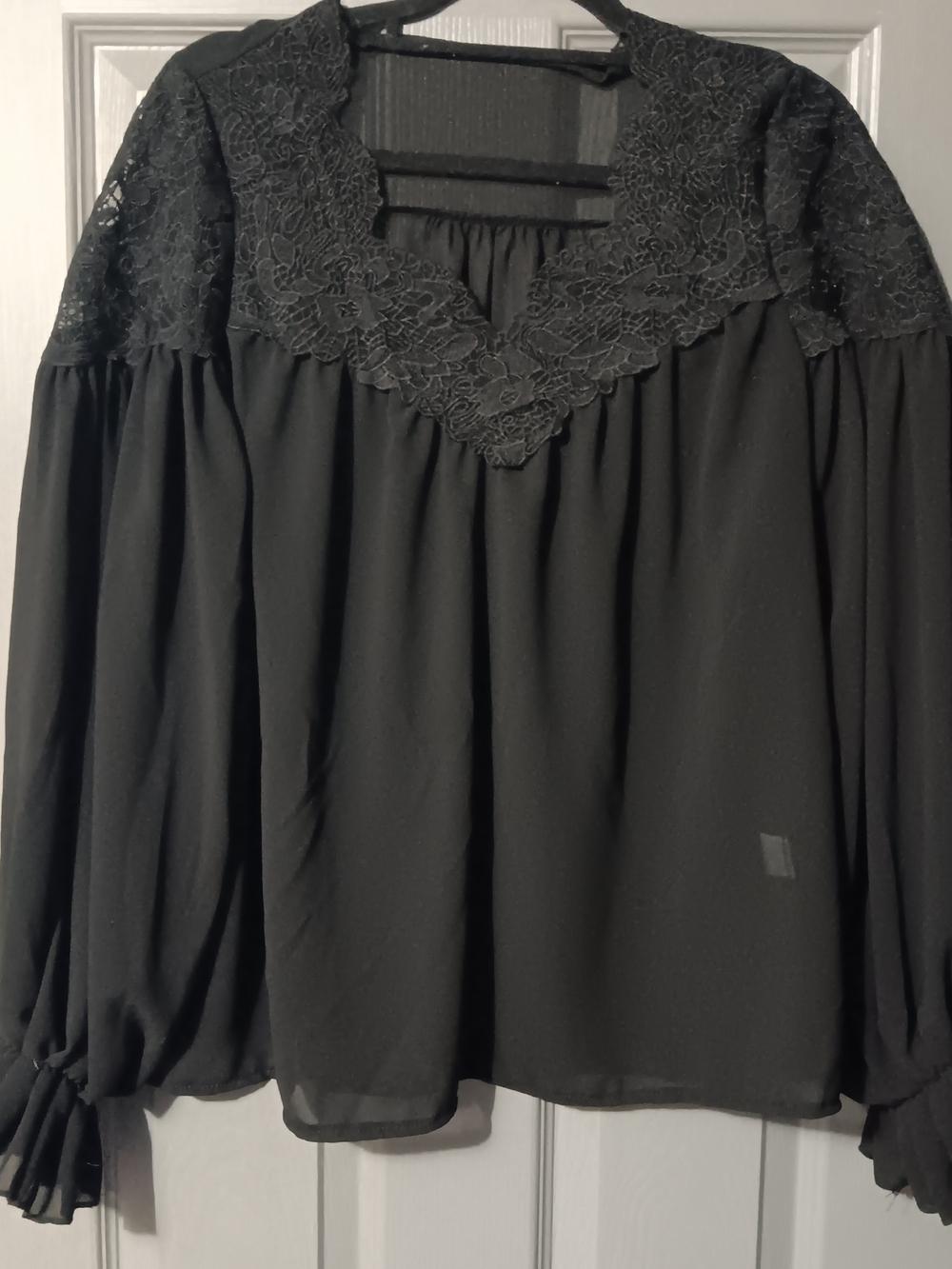 Black Lace-Trim Peasant Blouse - Women's Top